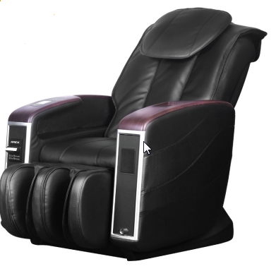 Apex V2 black massage chair with padded armrests and leg supports by Apex.