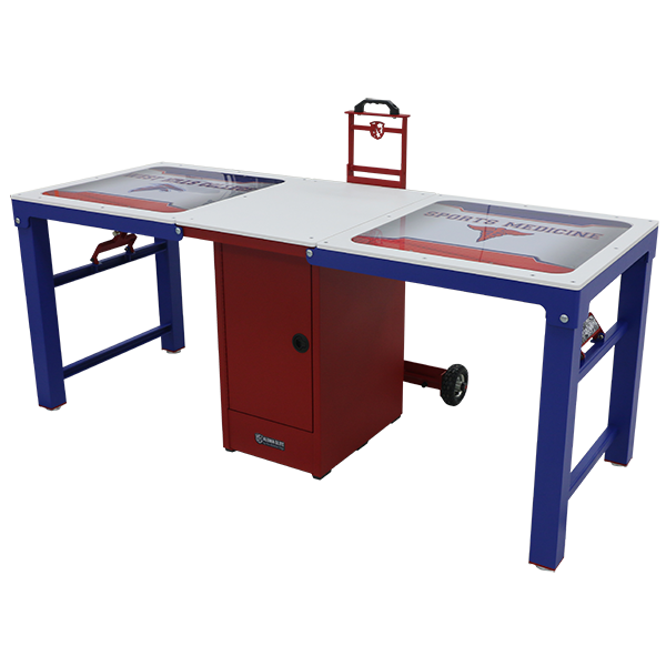 PHS Medical Aluma Elite PRO: a foldable portable workstation with blue legs for sideline treatment.