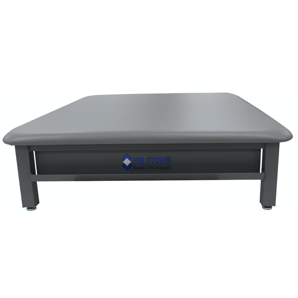 PHS Medical Aluma Elite Mat Table, rectangular gray with metal legs and front Big Stone logo.