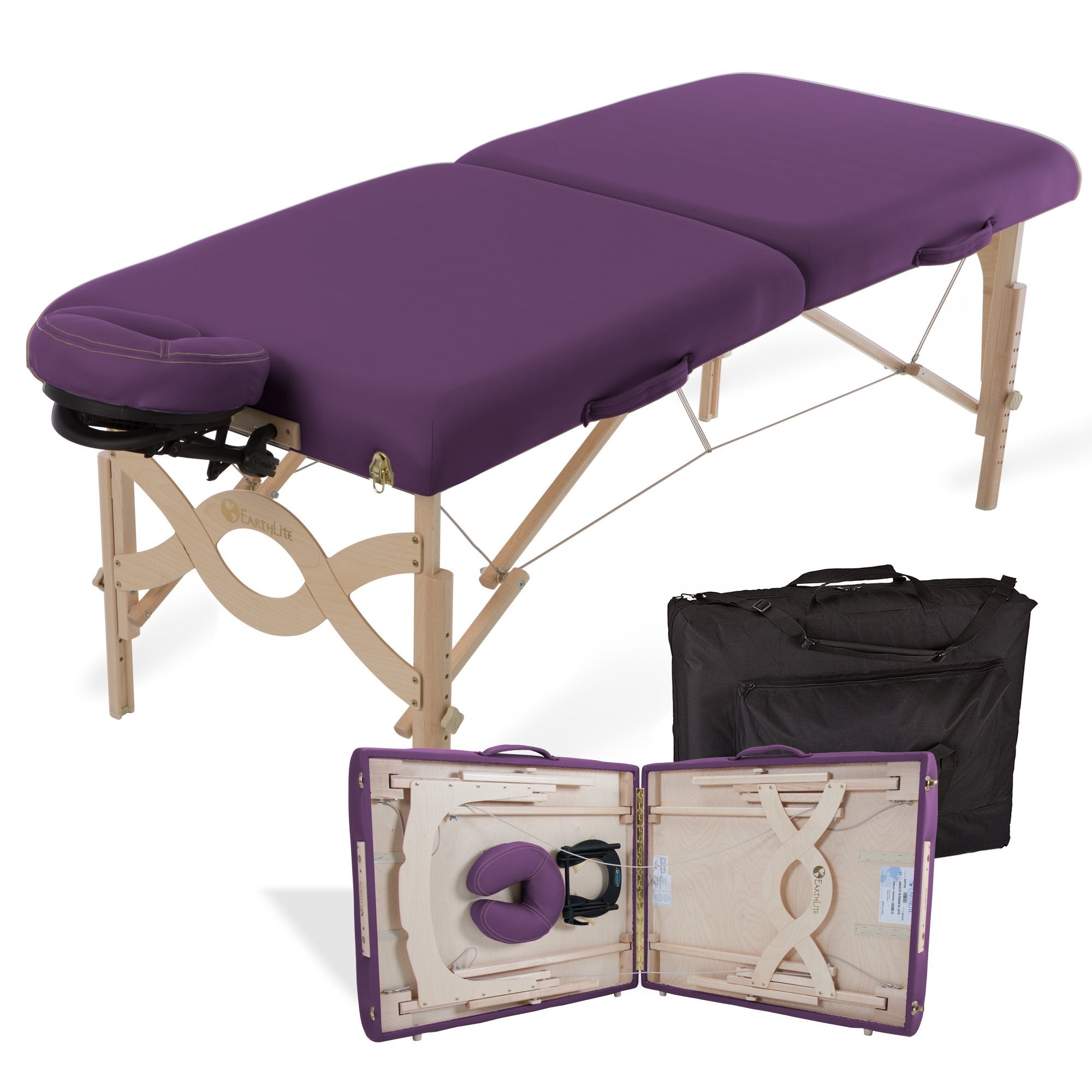 EarthLite AVALON XD massage table in purple with wood legs, face cradle, and case shown open.