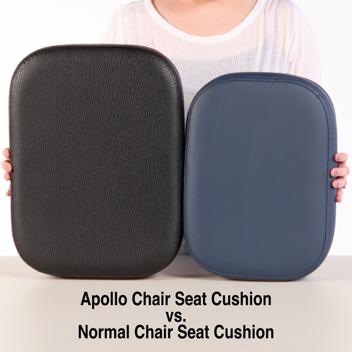 Person holding a Master Massage APOLLO XXL chair package next to a smaller blue cushion.