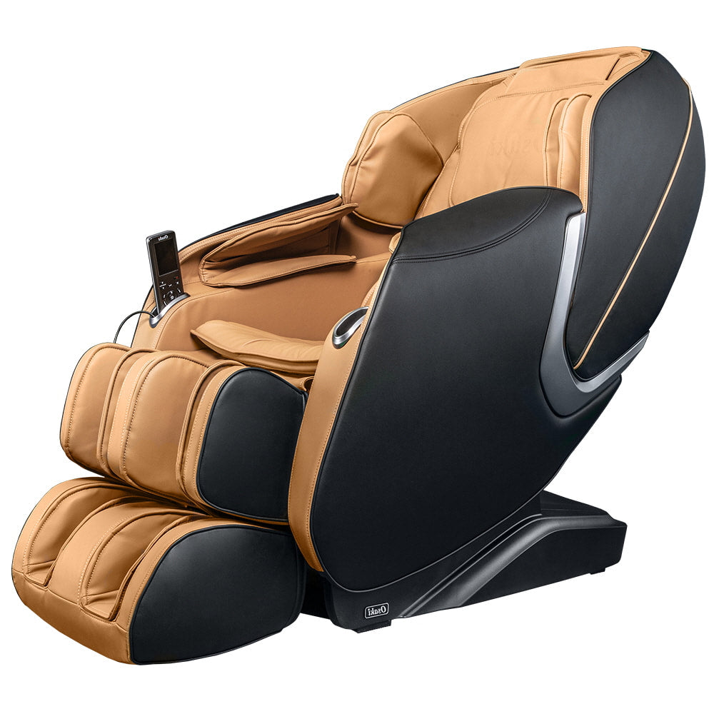 Osaki OS-ASTER tan & black massage chair with footrest and armrest control panel.