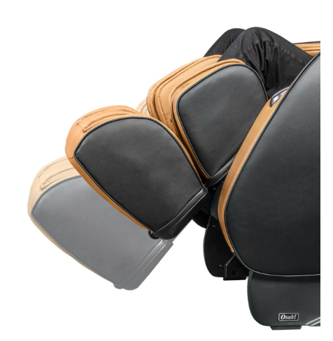 Person relaxing in profile in an Osaki OS-ASTER Electric Massage Chair, tan and black cushions.