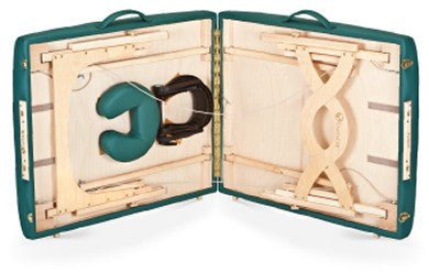 EarthLite AVALON XD table case open, revealing wood frame and green face cradle inside.