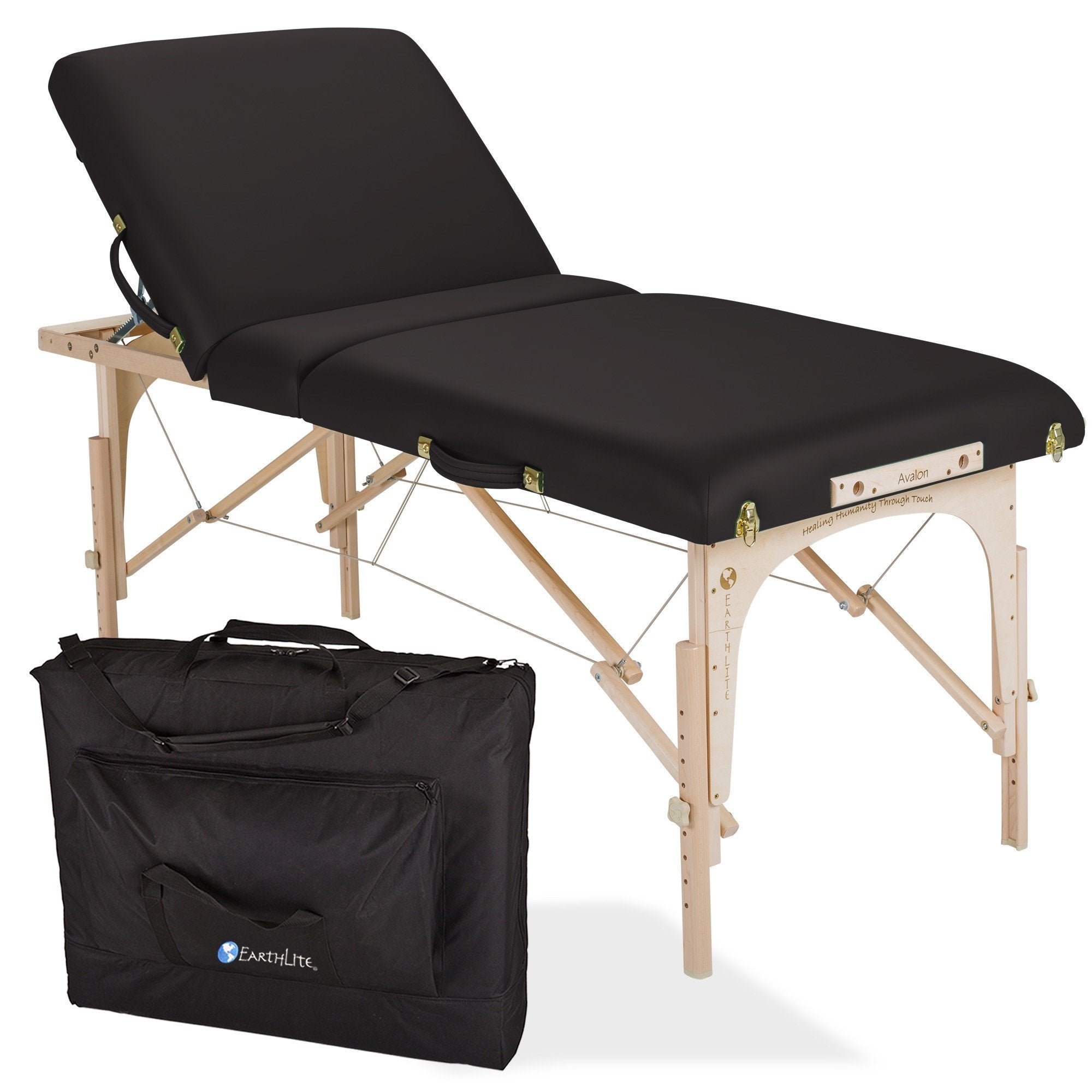 EarthLite AVALON XD TILT massage table with Reiki endplates and case; ideal for professionals.