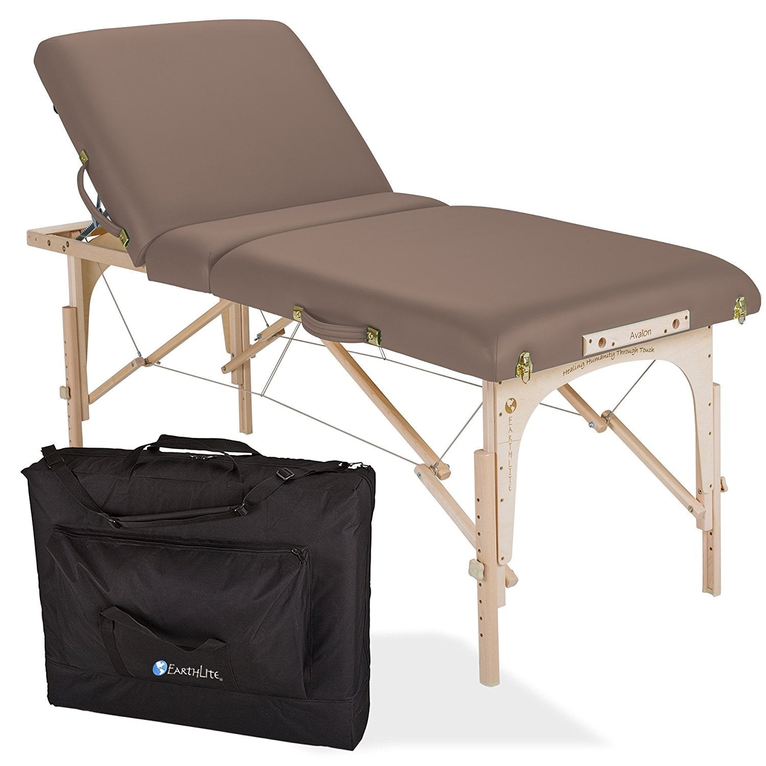 EarthLite AVALON XD TILT table package: brown cushioning, Reiki endplates, black case.