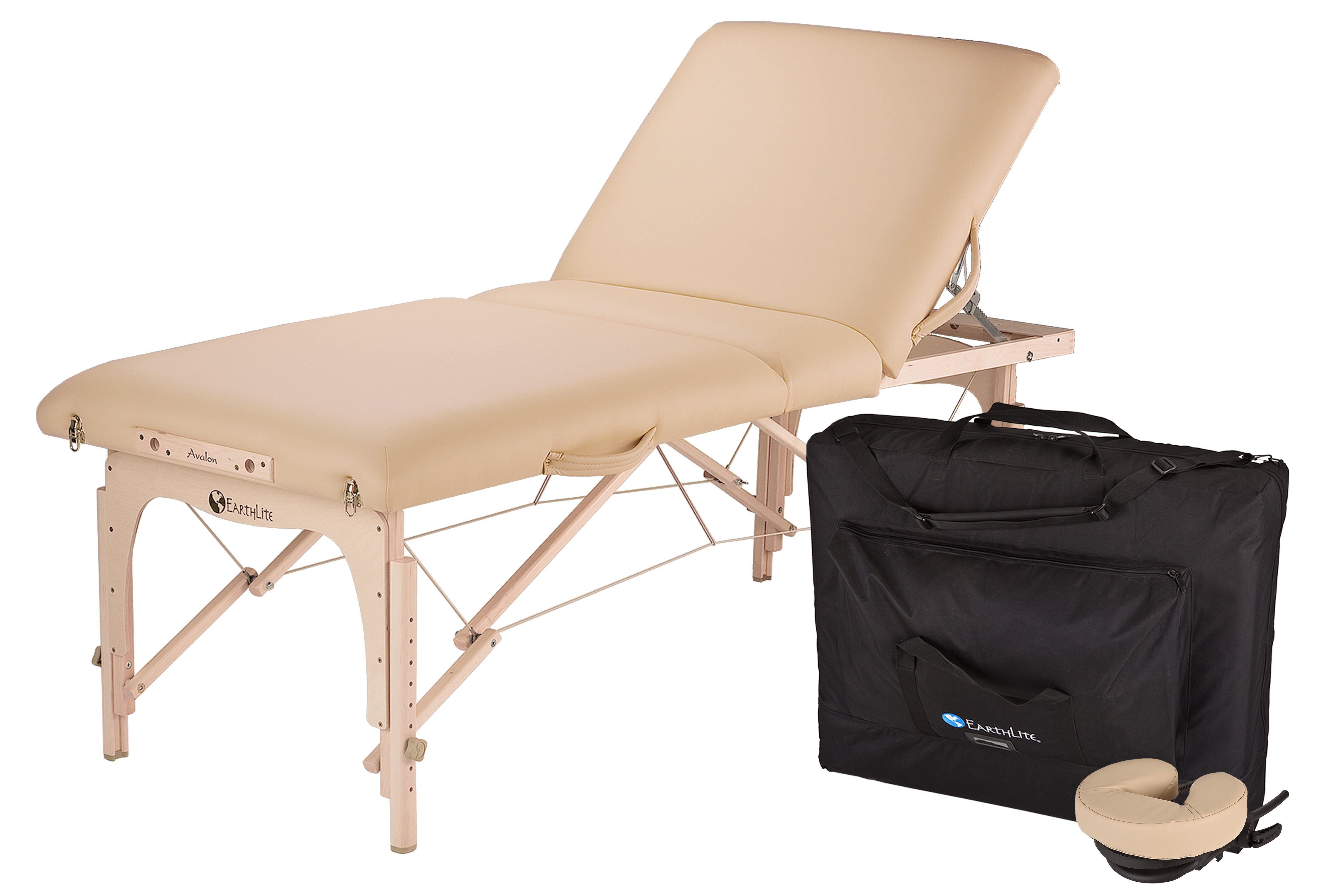 EarthLite AVALON XD TILT portable massage table with case, adjustable backrest, and Reiki endplates.