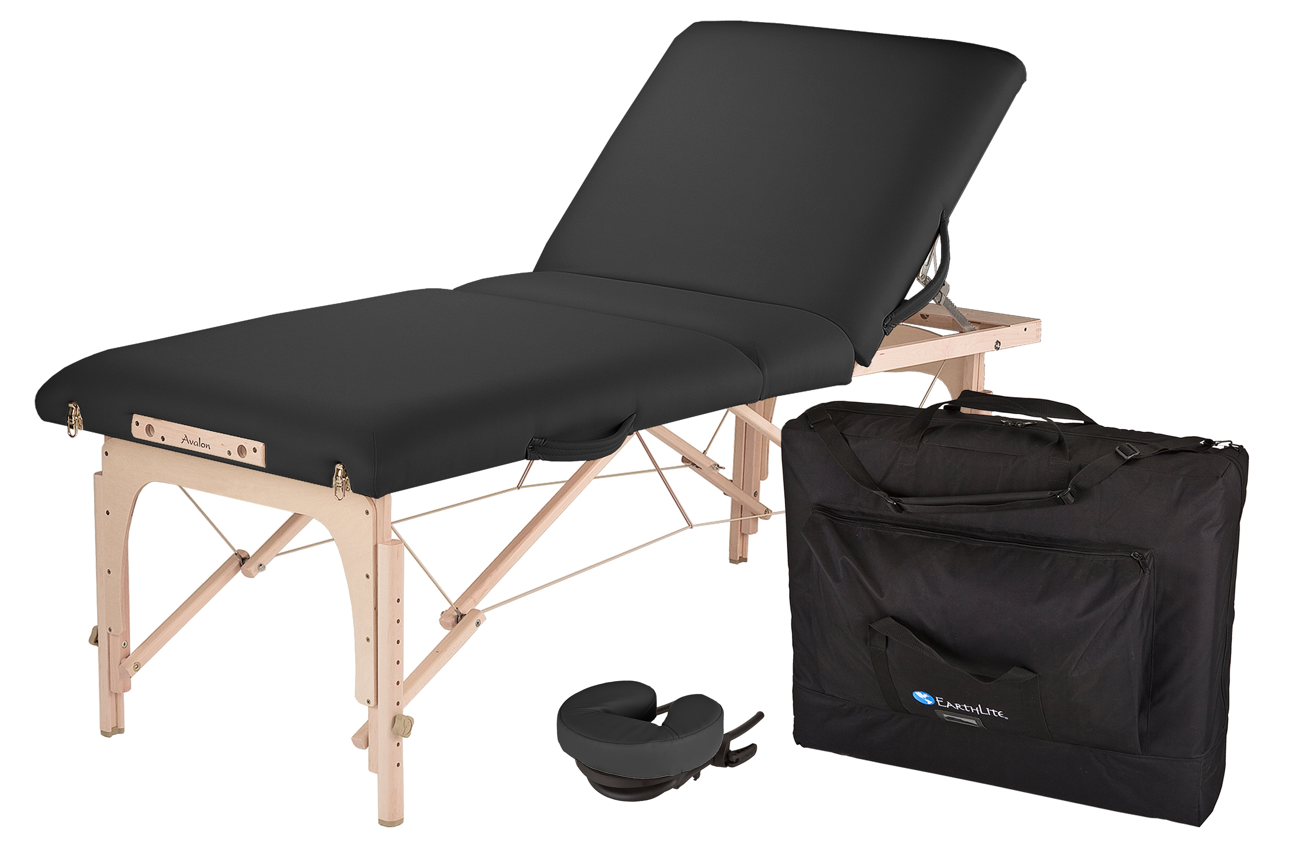 EarthLite Avalon XD Tilt portable massage table package with headrest and case on white background.