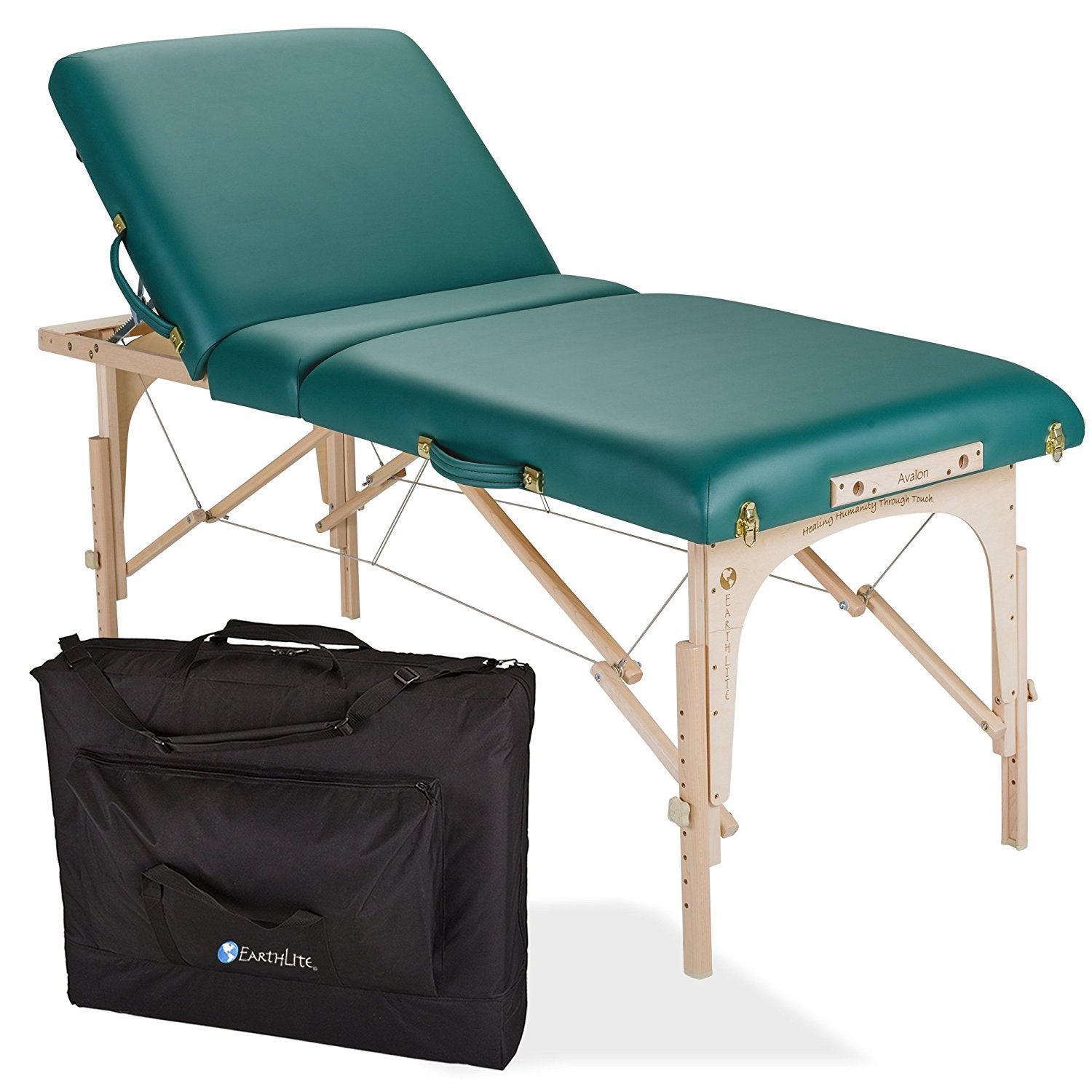 EarthLite AVALON XD TILT massage table with Reiki endplates and black case in front.