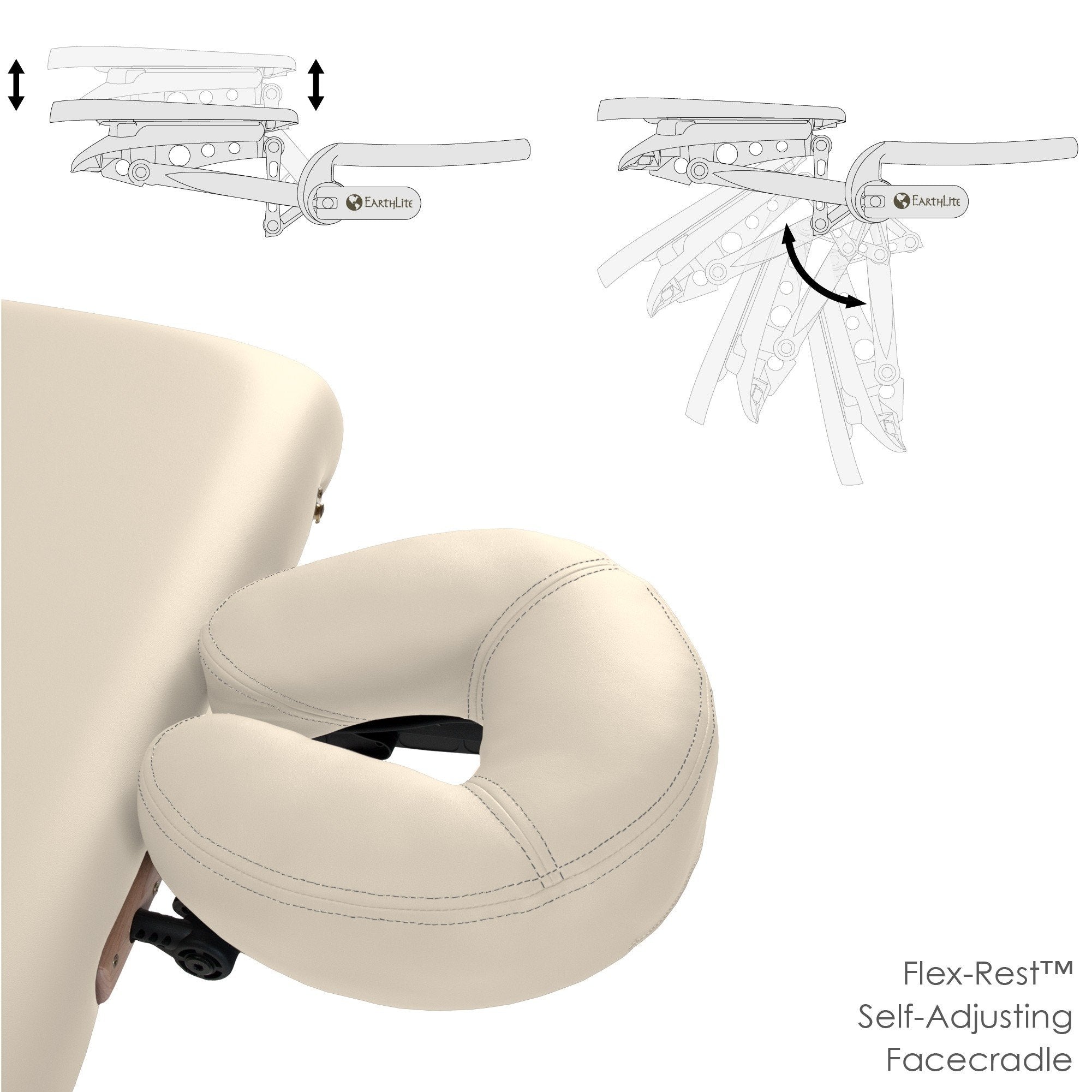 Beige face cradle on EarthLite AVALON XD TILT table, with adjustment diagrams above.
