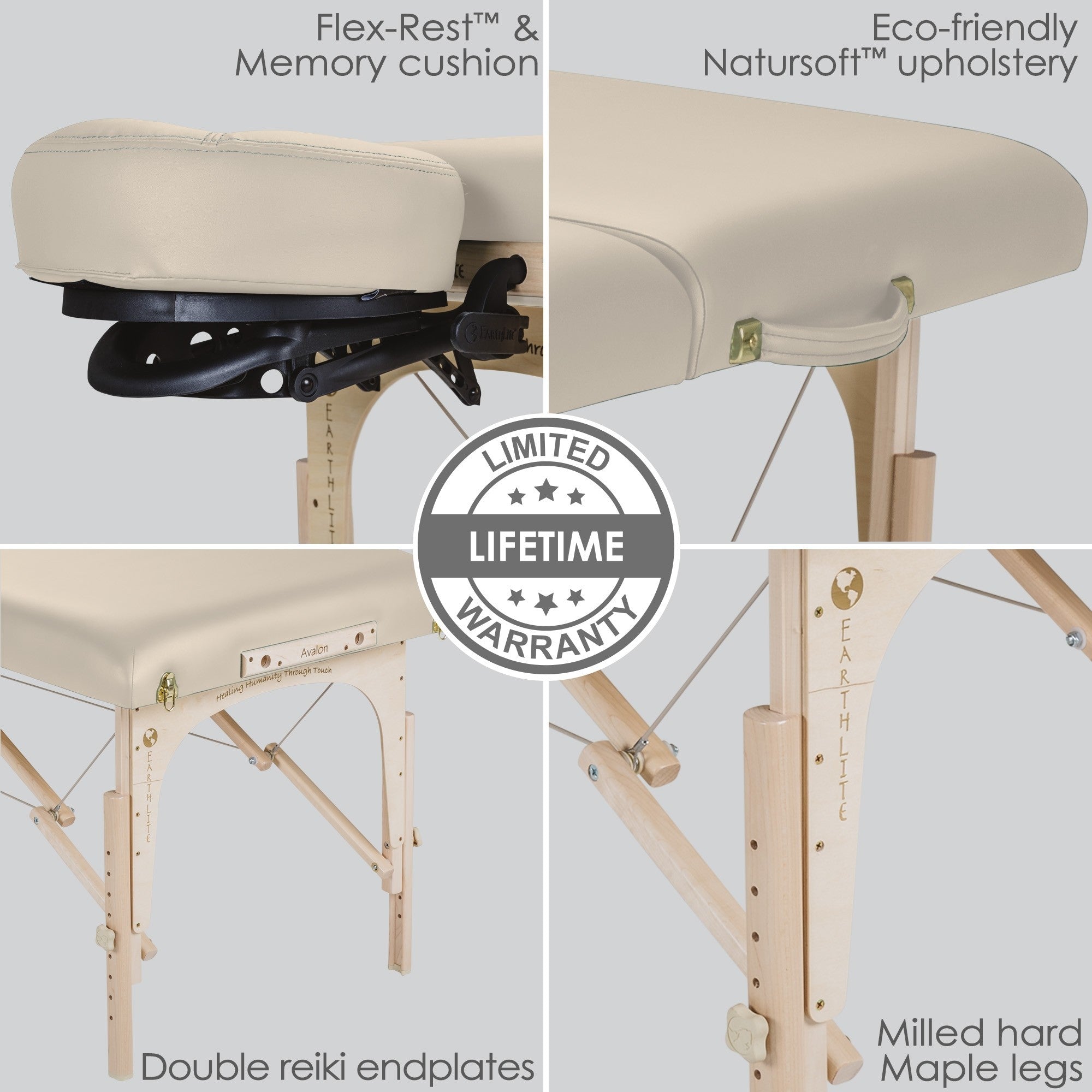 The EarthLite Avalon XD Tilt table has memory cushion, eco upholstery, and Reiki endplates.