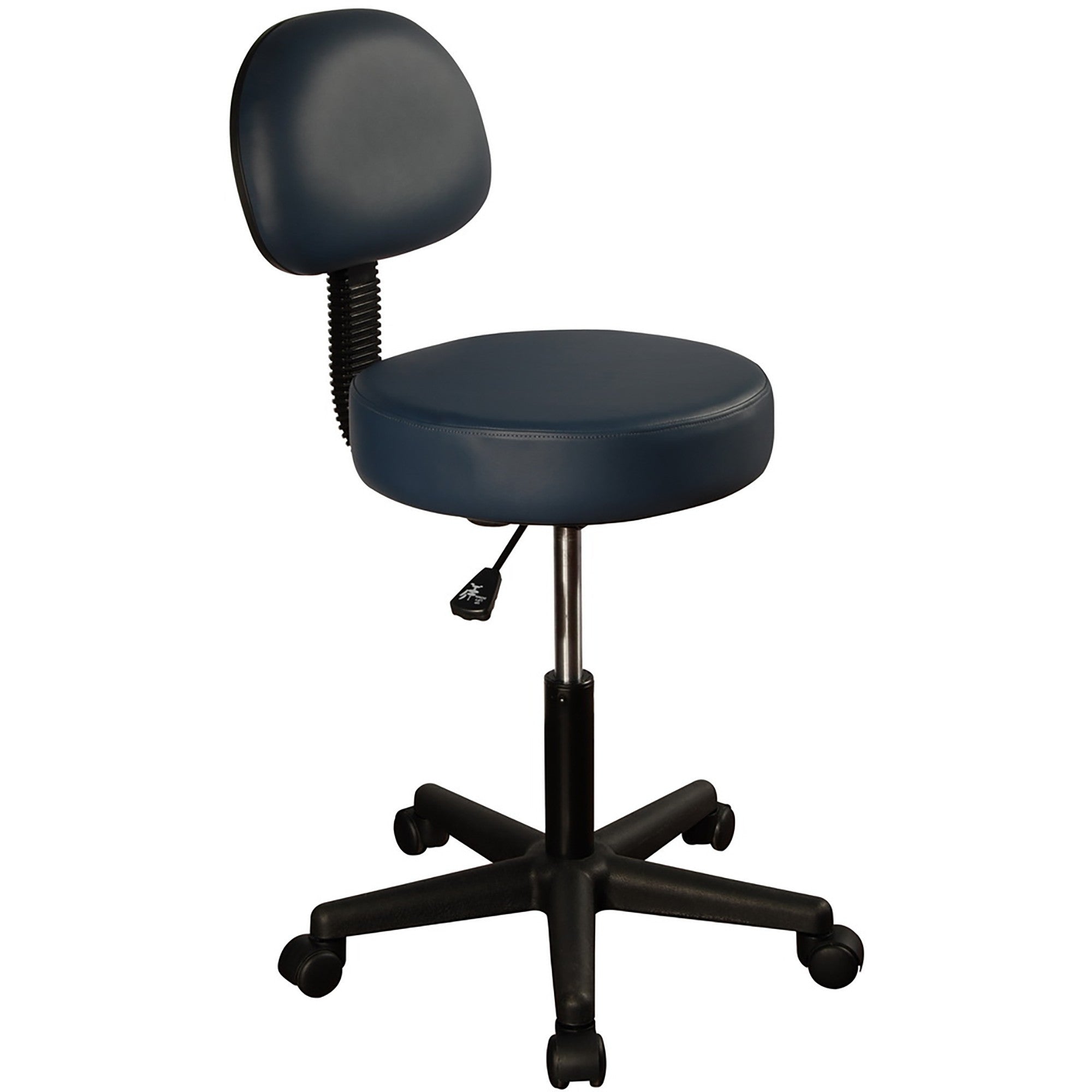 Master Massage Agate Blue pneumatic rolling stool with backrest, ideal for office or salon use.