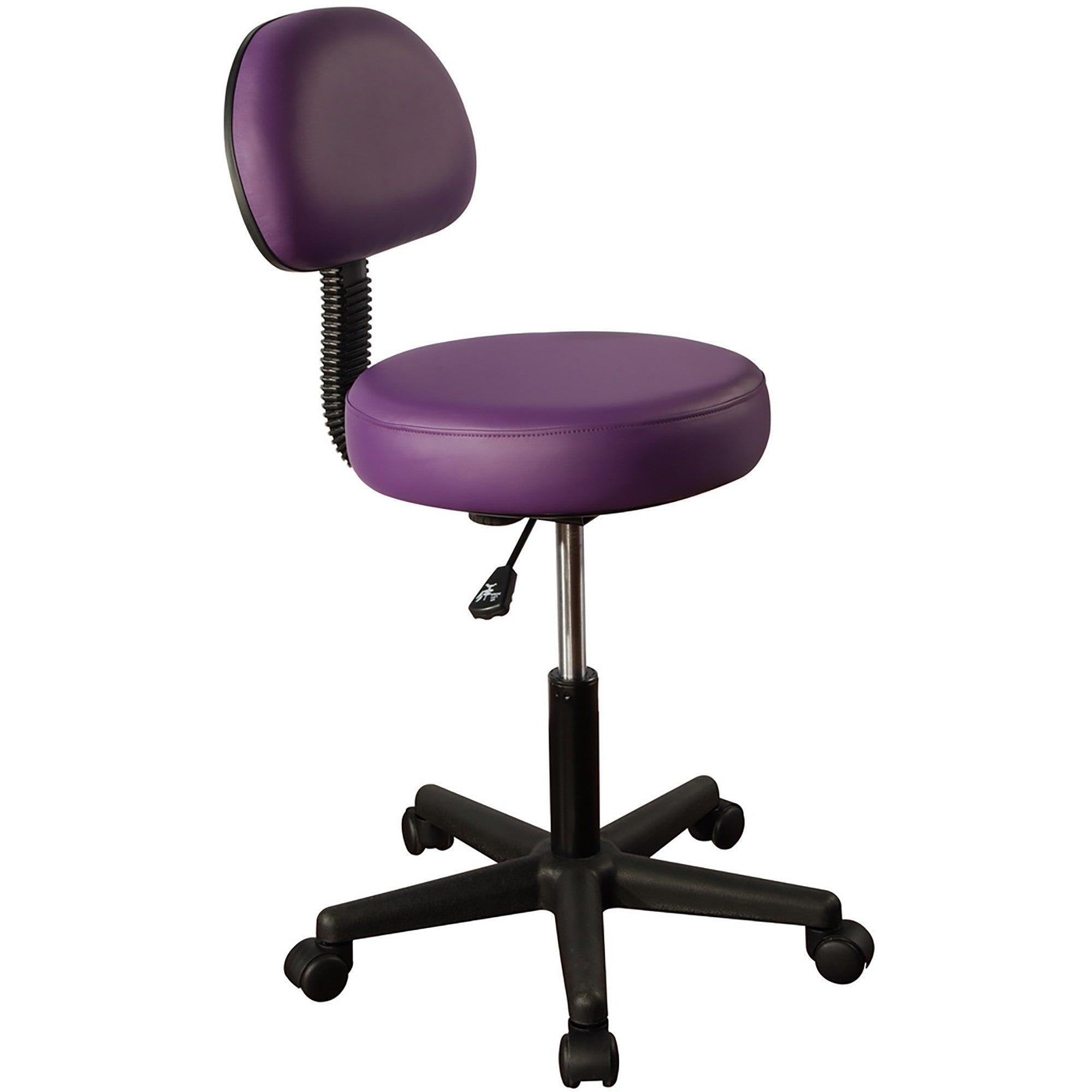Master Massage Purple Pneumatic Rolling Stool with Backrest and 5 Caster Wheels.