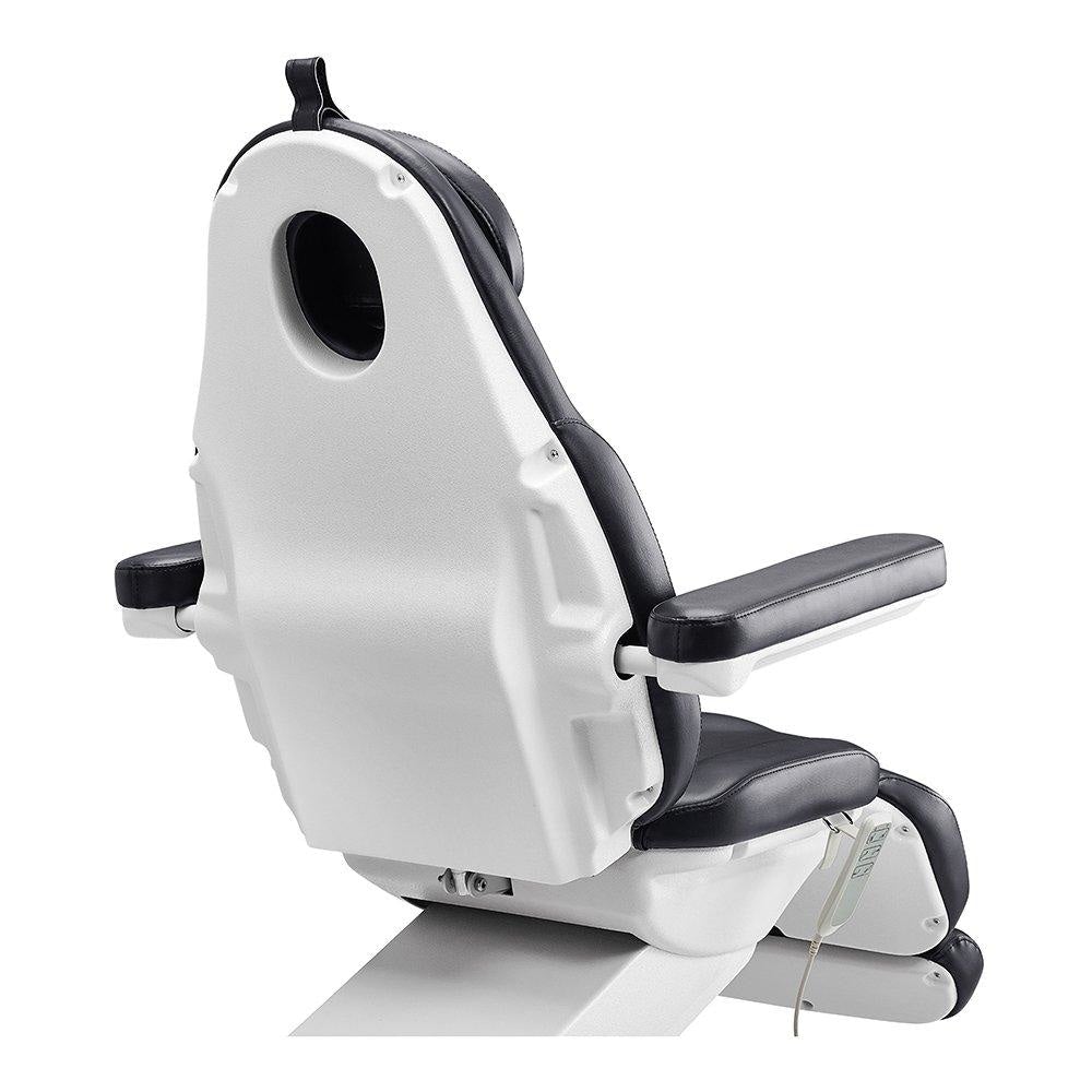 Back view of the DIR Bellucci Electrical Facial Bed with black armrests and a headrest opening.