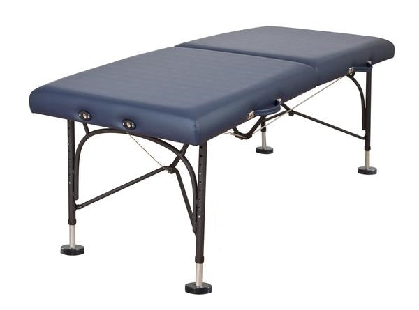 Oakworks BOSS Portable Massage Table with blue top, black legs, and carry case.