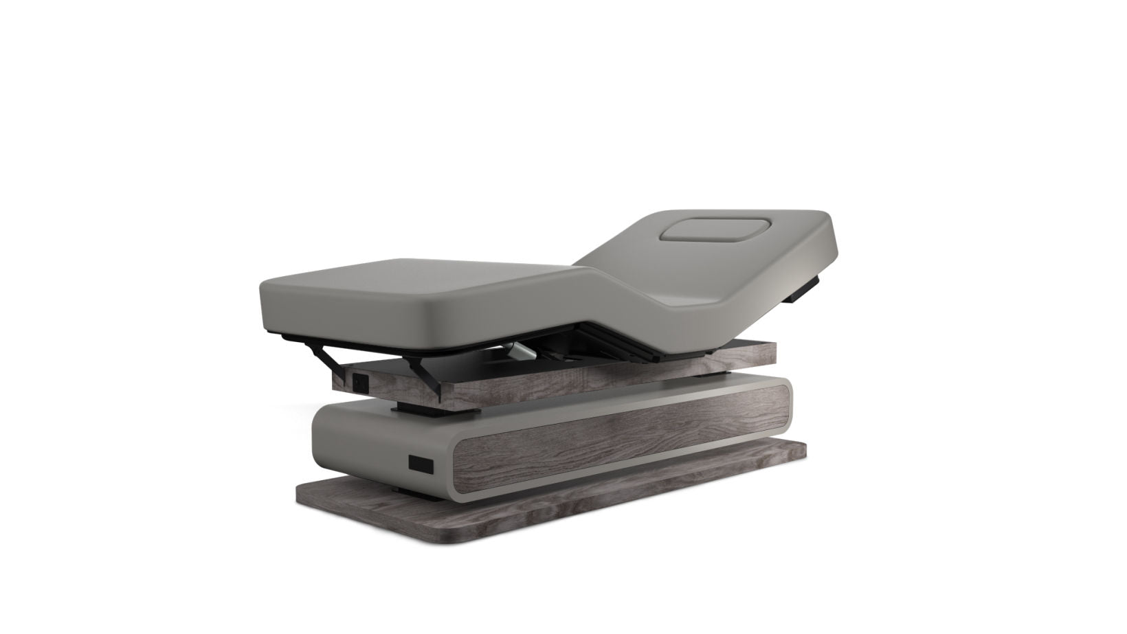 Oakworks Spa BRITTA Master's Collection Table with gray cushion and wood base for any spa.