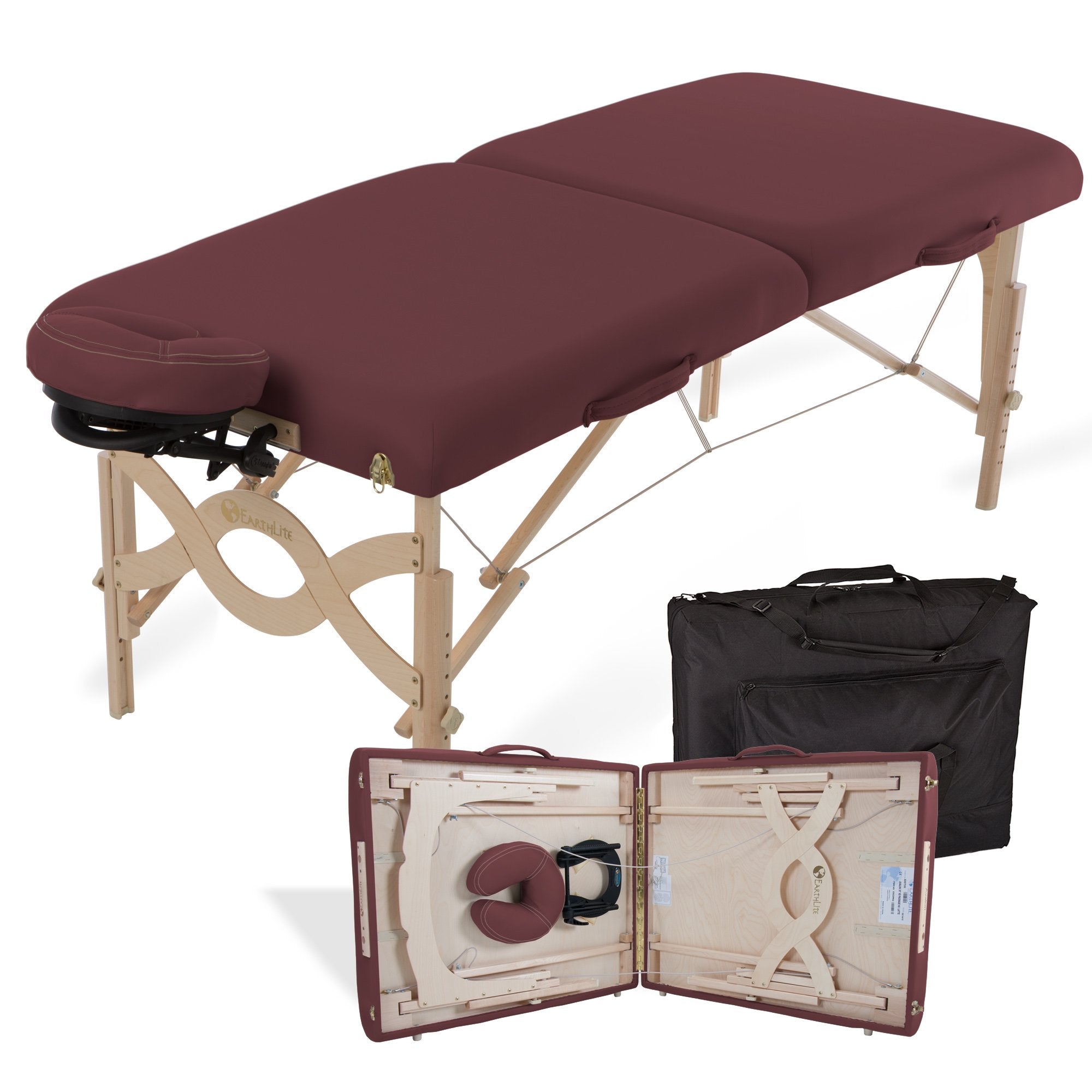 EarthLite AVALON XD portable massage table package with face cradle and carrying case shown.