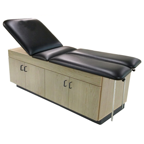 PHS Medical CAB-060 exam table features black cushioned top and cabinet with adjustable shelf.