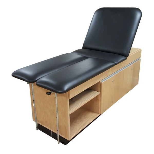 PHS Medical CAB-070 Treatment Cabinet with black cushion and wood base, ample storage.