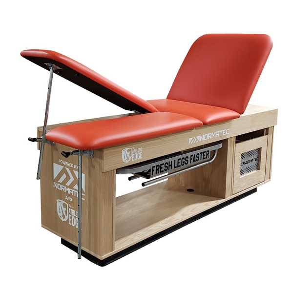 The PHS Medical CAB-090N is a therapy table with an adjustable red cushion and wooden base.