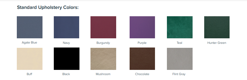 Ten square swatches show standard upholstery colors for the Custom Craftworks ELEGANCE DELUXE table.