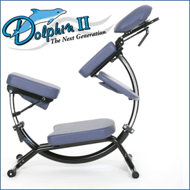 Blue and black Pisces Pro DOLPHIN II portable massage chair with adjustable pads and logo.