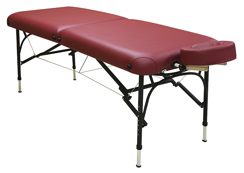 Custom Craftworks CHALLENGER red massage table with black legs and face cradle.