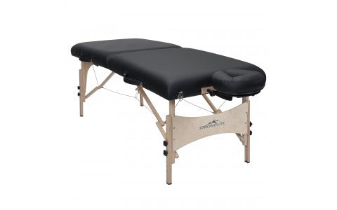 Stronglite CLASSIC DELUXE black portable massage table with wood legs and adjustable headrest.