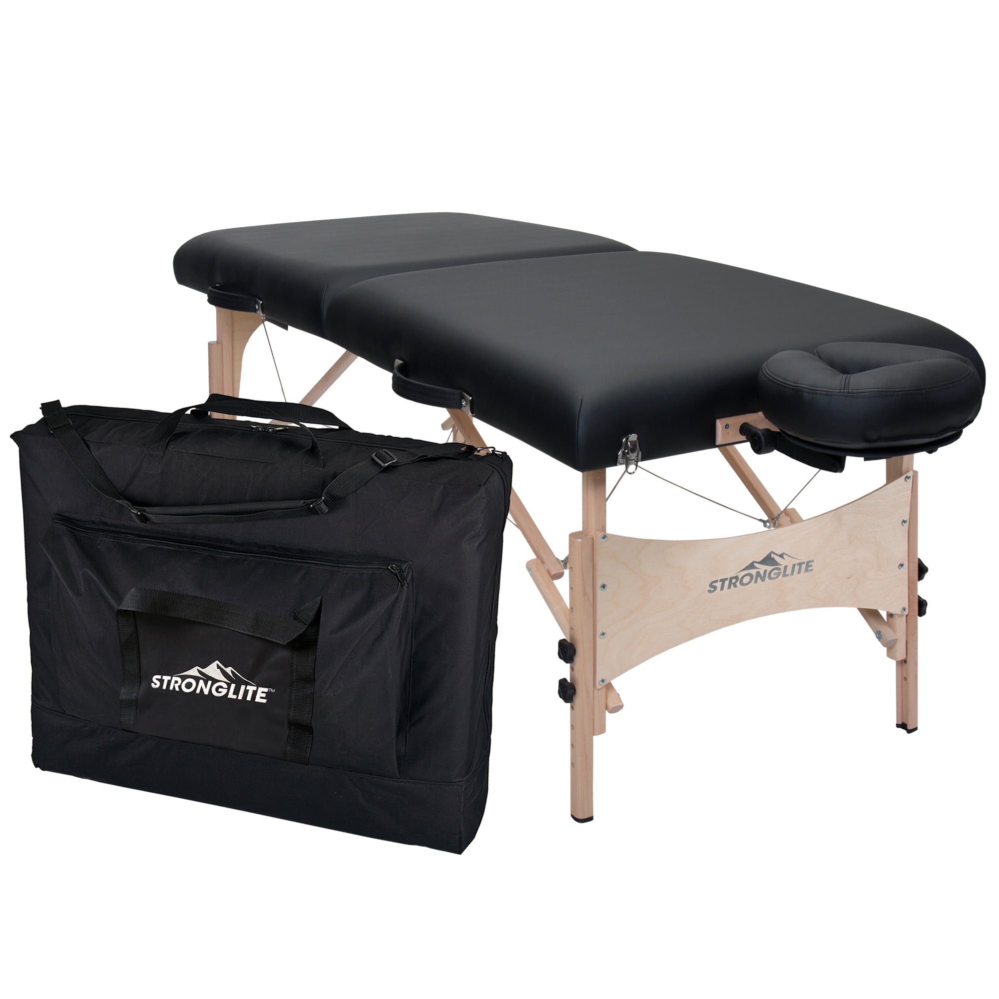 Stronglite CLASSIC DELUXE Table Package with adjustable headrest and case shown in front.