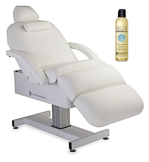 Living Earth Crafts CLOUD 9 spa table with memory foam, armrests, headrest, and massage oil.