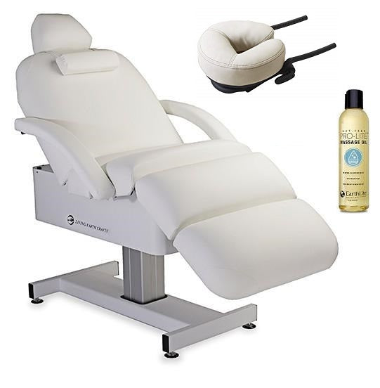 Living Earth Crafts CLOUD 9 spa table with electric lift, face cradle, and massage oil.