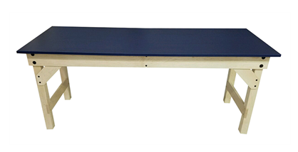 PHS Chiropractic COMBINATION Lab Table with blue top and hardwood legs, front view.