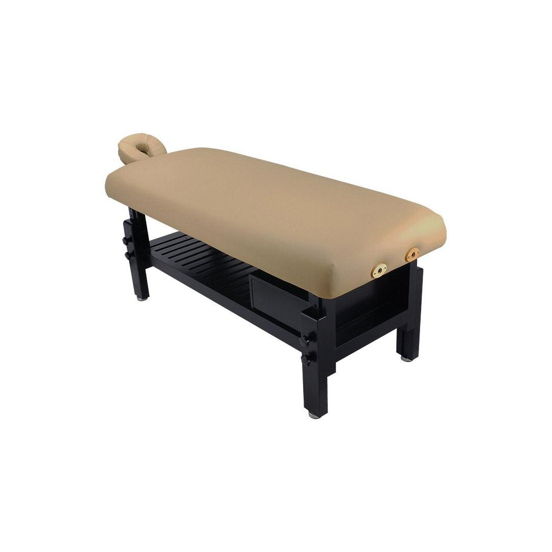 Comfort Soul DENALI beige spa table with face cradle, black base, and lower storage shelf.