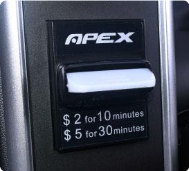 Close-up of Apex V2 Massage Chair payment slot: $2/10min, $5/30min.
