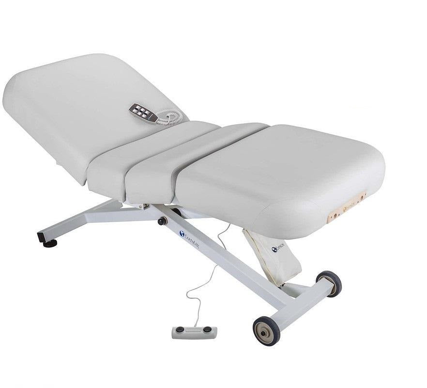 EarthLite ELLORA SALON electric massage table with remote and wheeled base.