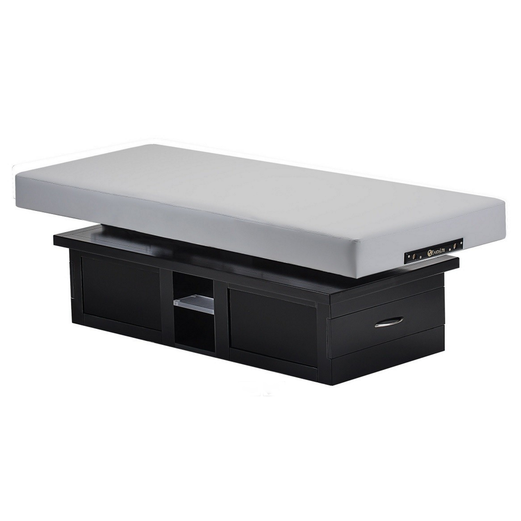 EarthLite EVEREST ECLIPSE massage table with drawers and gray cushion, great for spas.