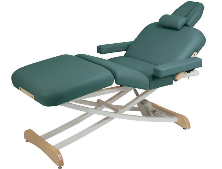 Custom Craftworks ELEGANCE DELUXE Electric Lift Table with wooden legs, armrests, and headrest.