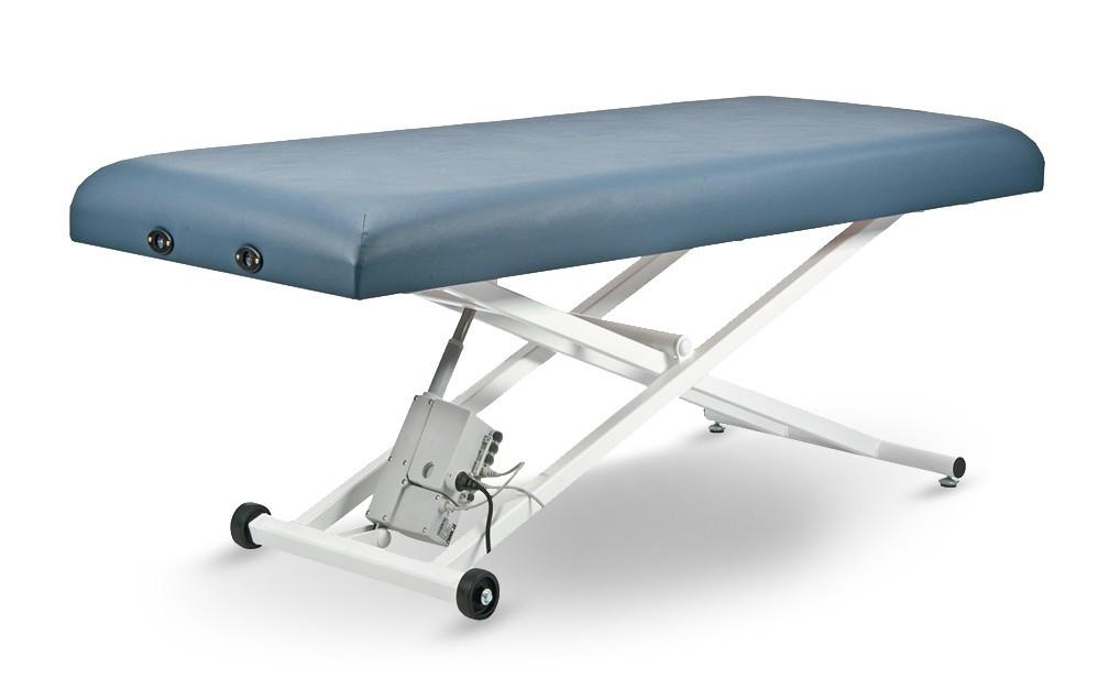 Custom Craftworks Pro Basic Electric Lift Table: blue, height-adjustable, sturdy frame, wheels.