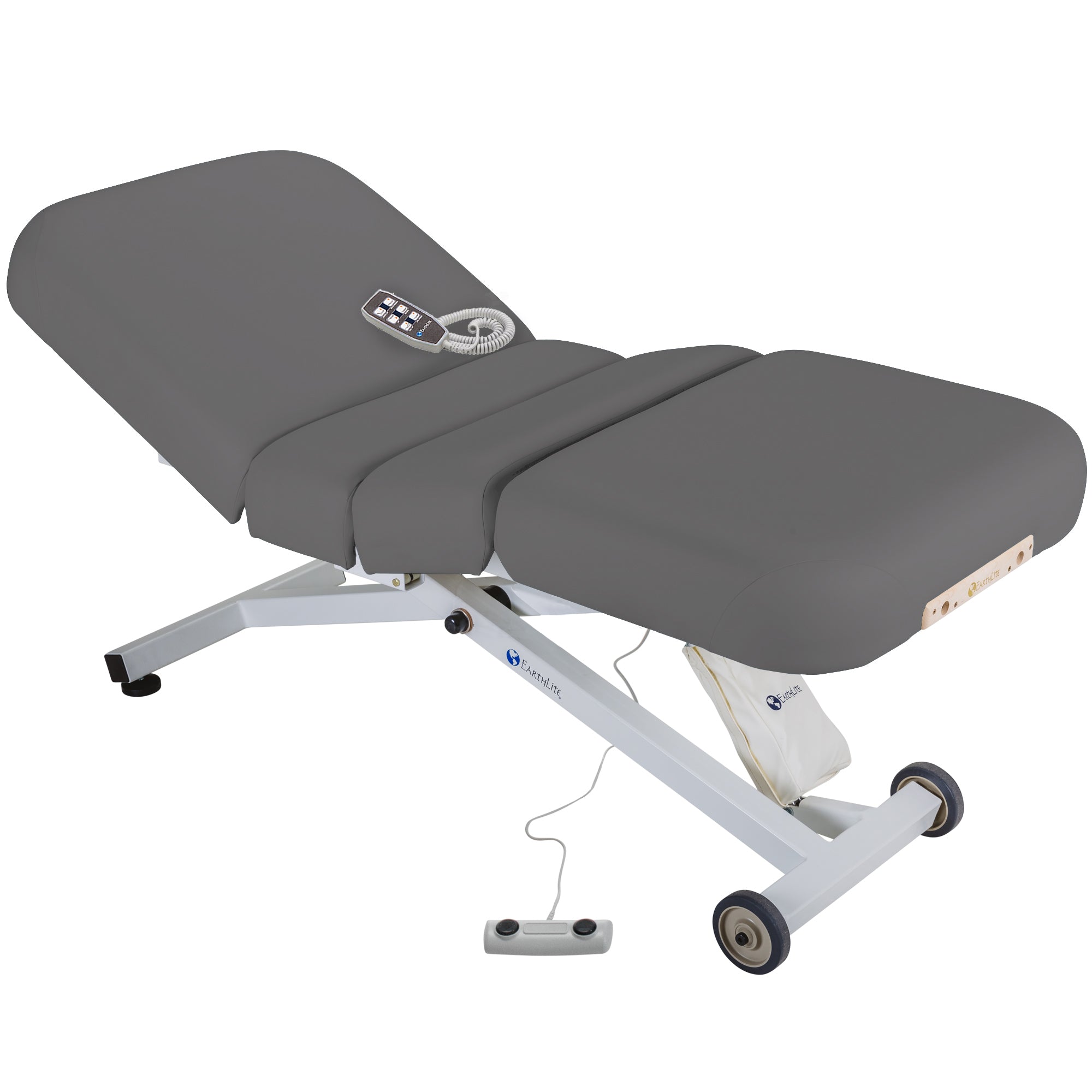 EarthLite ELLORA SALON Full Electric Massage Table, ADA compliant, gray, with wheels & remote.