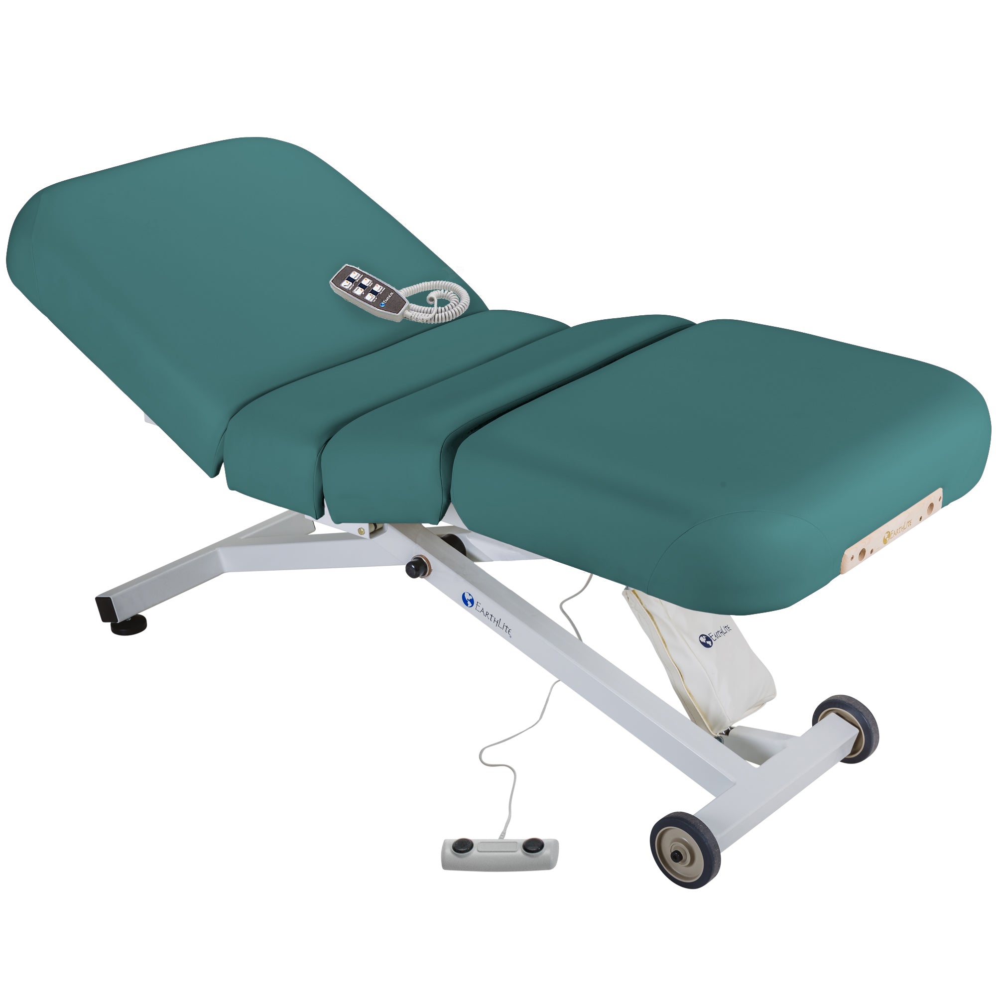 EarthLite ELLORA SALON electric massage table with teal padding and electronic controls.