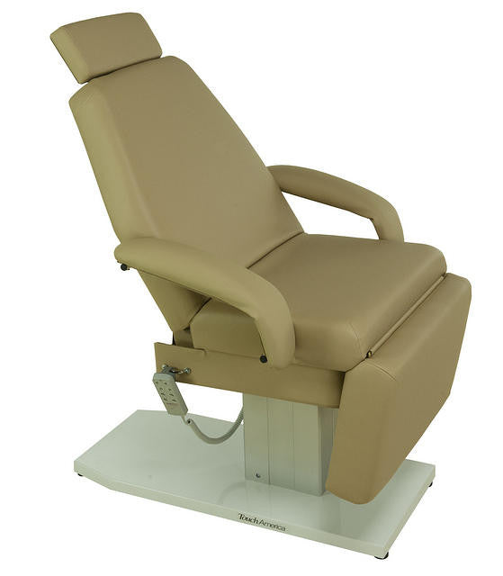 TouchAmerica EMPRESS Spa Treatment Chair with adjustable backrest and footrest, white base.