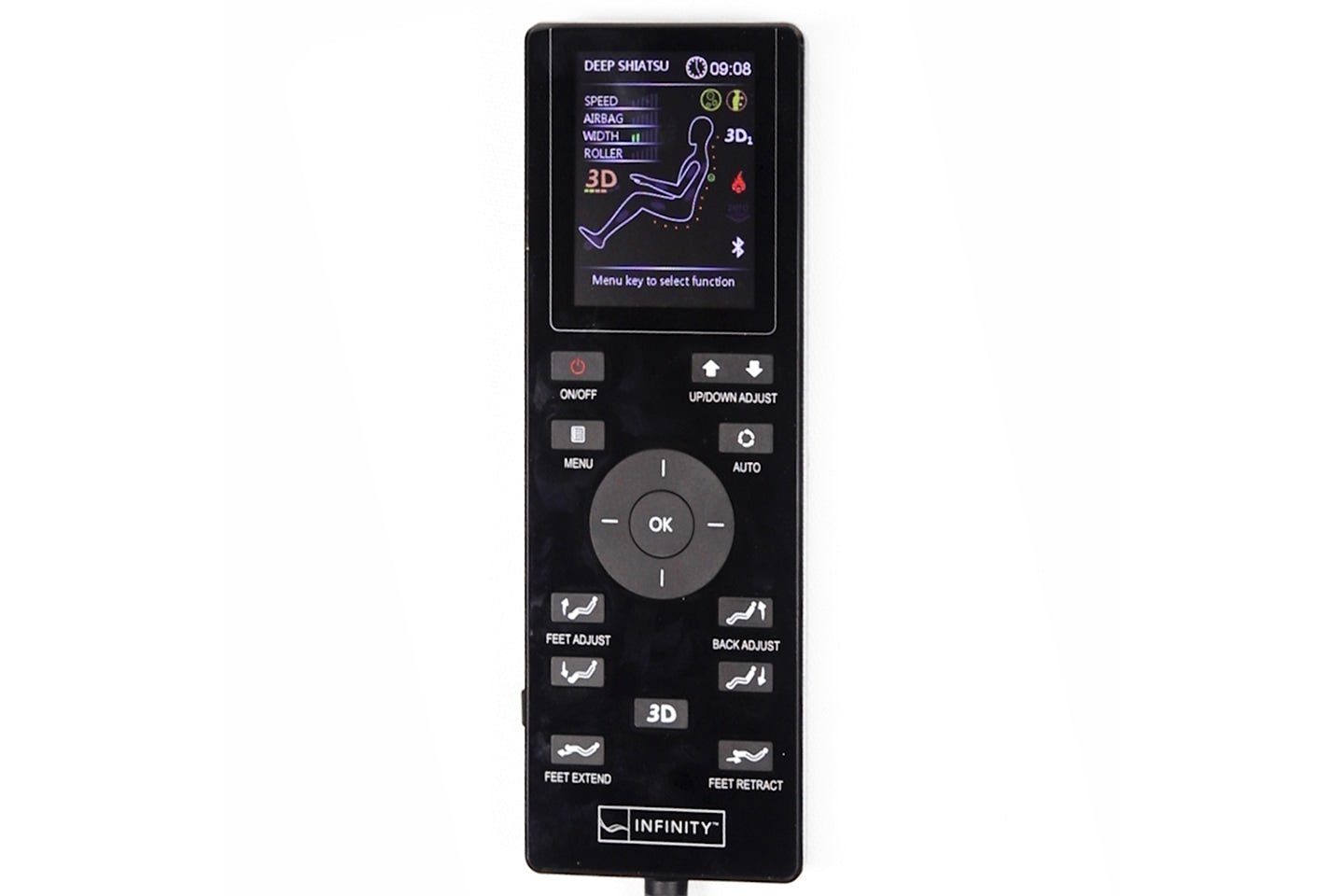 Certified preowned Infinity Evolution 3D/4D massage chair remote with display and labeled buttons.