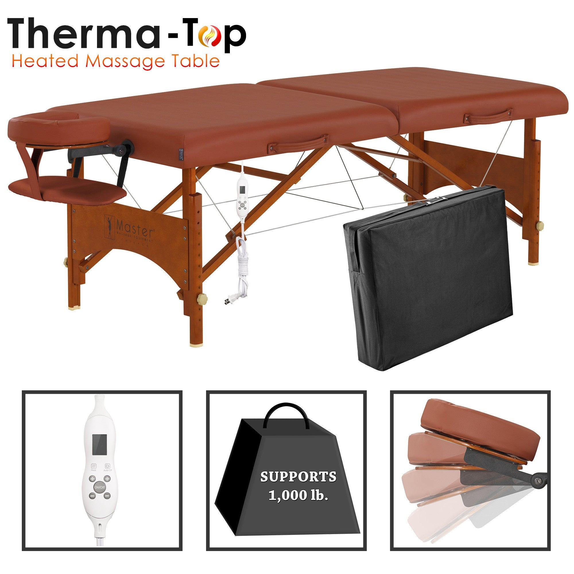Master Massage FAIRLANE Therma-Top table: portable, remote control, 1,000 lb support.