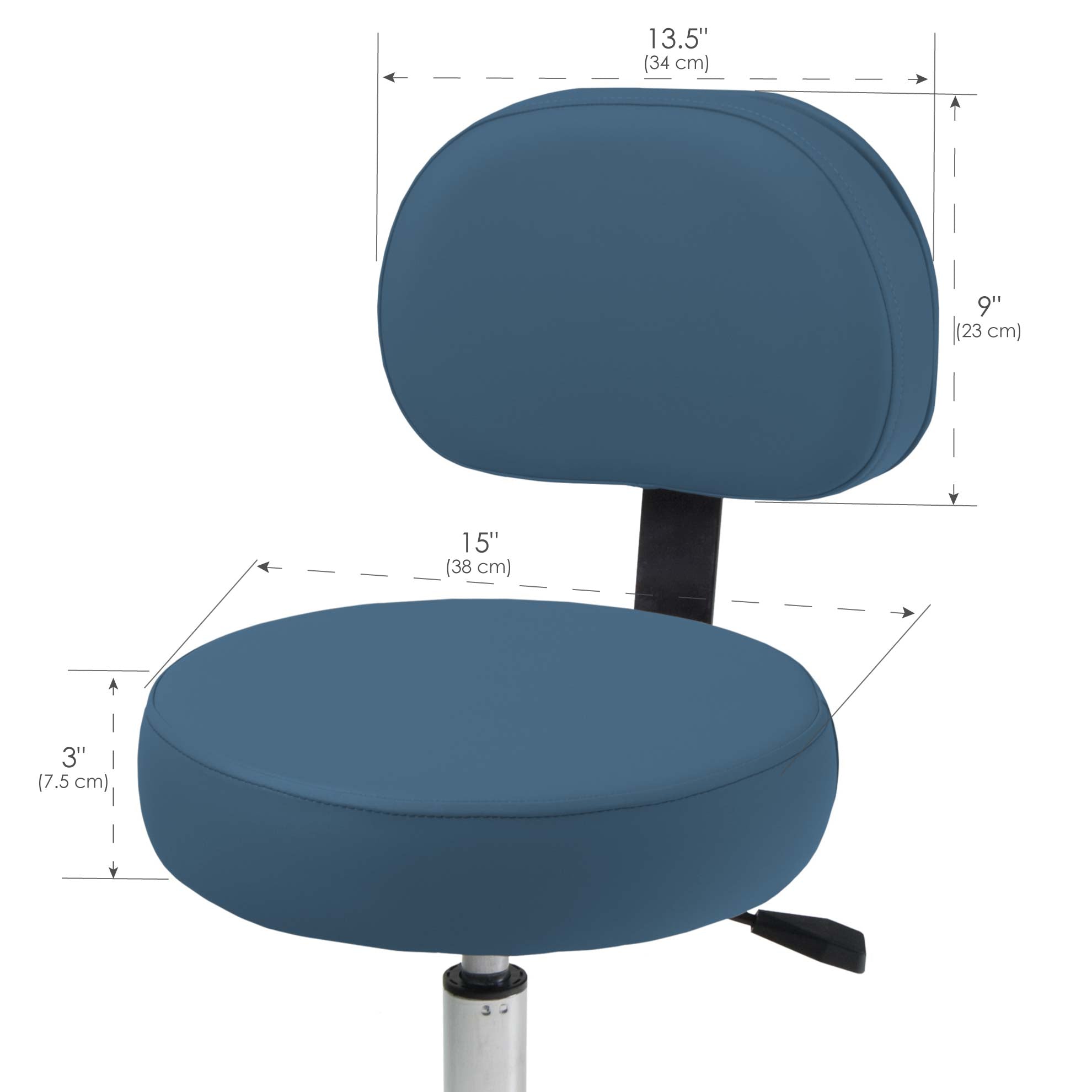EarthLite Pneumatic Rolling Stool—blue, ergonomic, with back support and durable upholstery.