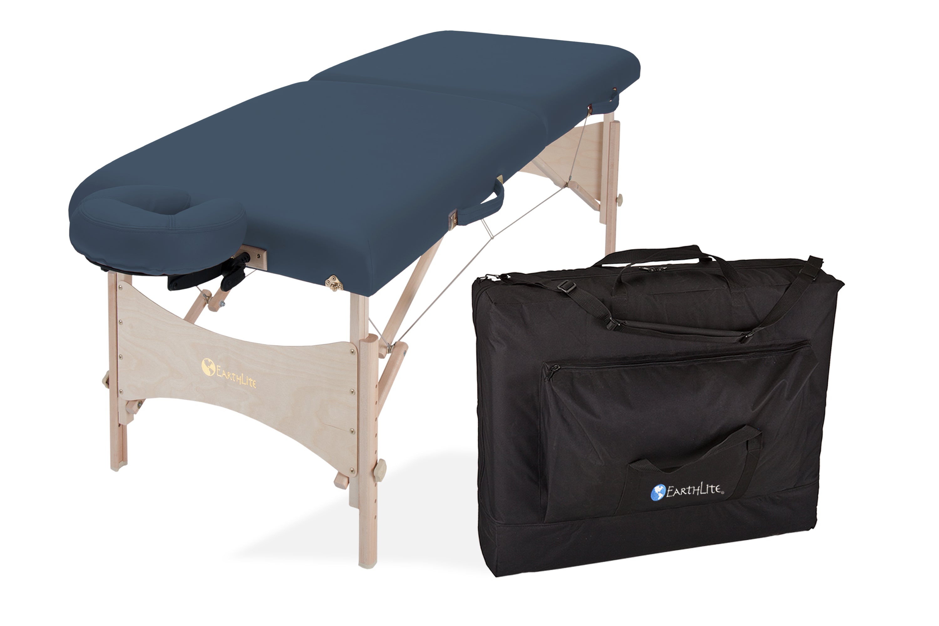 EarthLite HARMONY DX Portable Massage Table Package in dark blue with black carrying case.