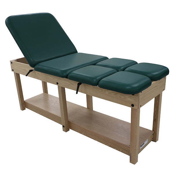 PHS Medical Hip & Knee Flexion Treatment Table with green padding and lower shelf.