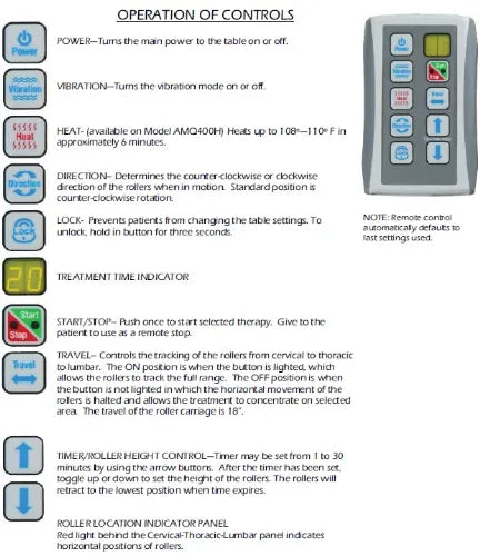 Armedica Quantum 400 Series Table remote has buttons for power, vibration, heat, and rollers.