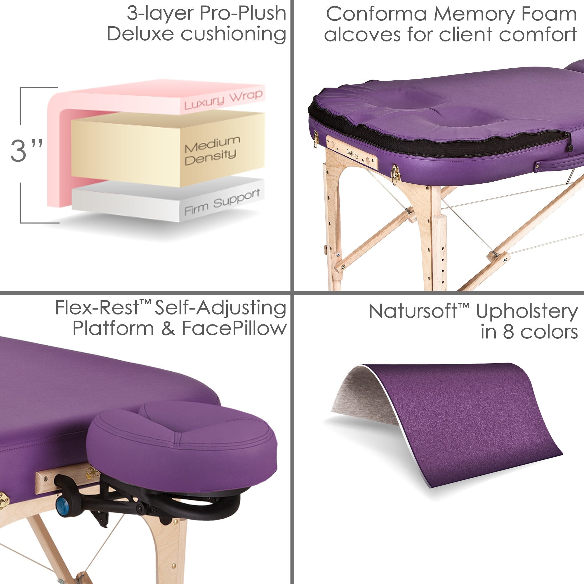 EarthLite INFINITY CONFORMA Table: memory foam, adjustable face pillow, 8 upholstery colors.