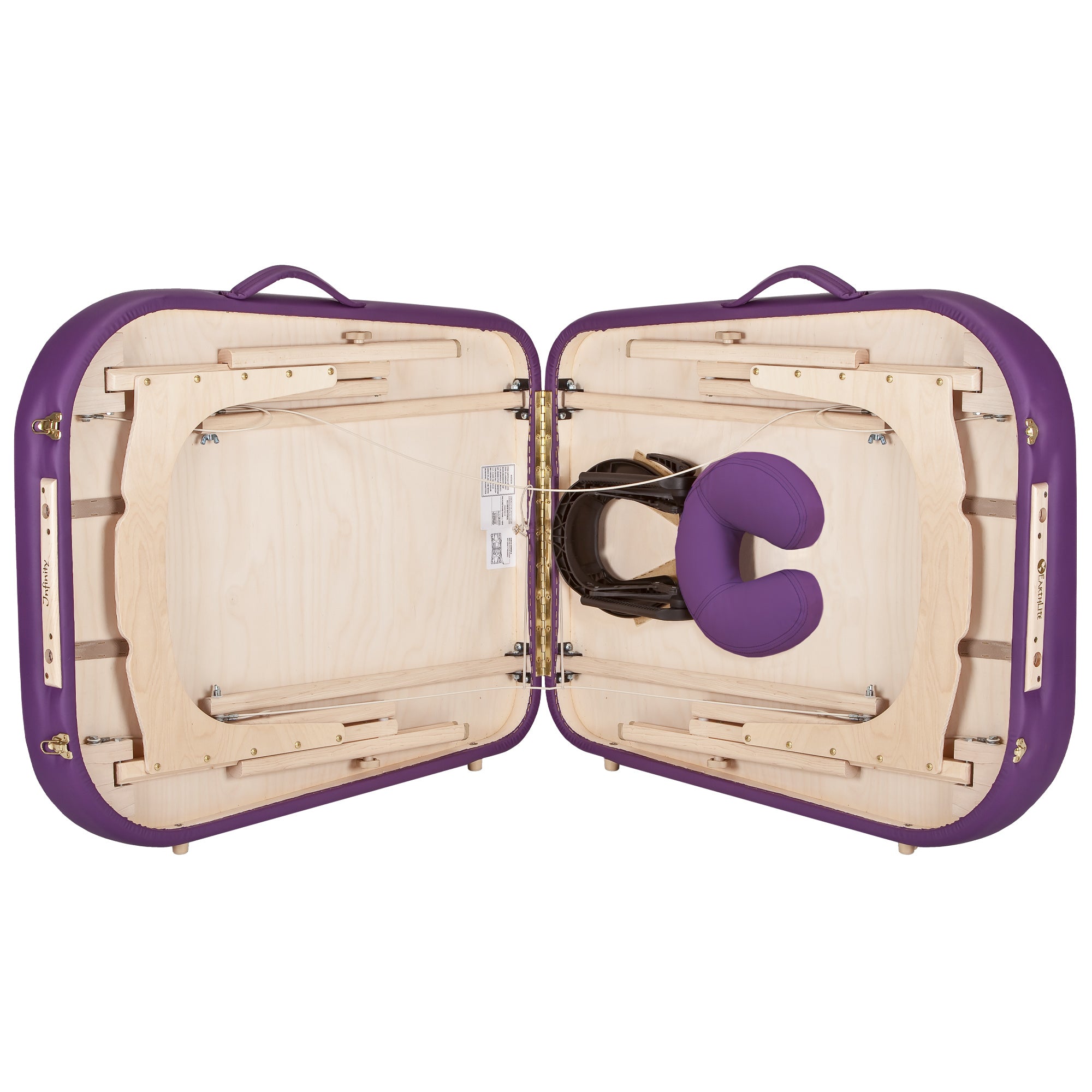 Open the EarthLite INFINITY Massage Table case with purple Pro-Plush face cradle inside.
