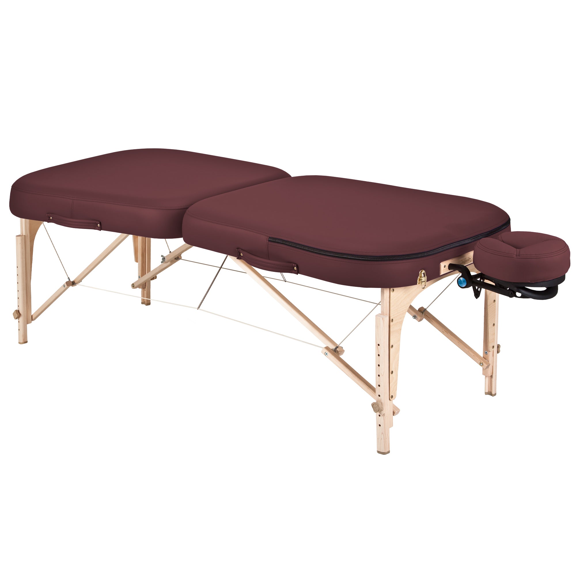 EarthLite INFINITY CONFORMA: Maroon massage table with wood legs & face cradle, easy to transport.